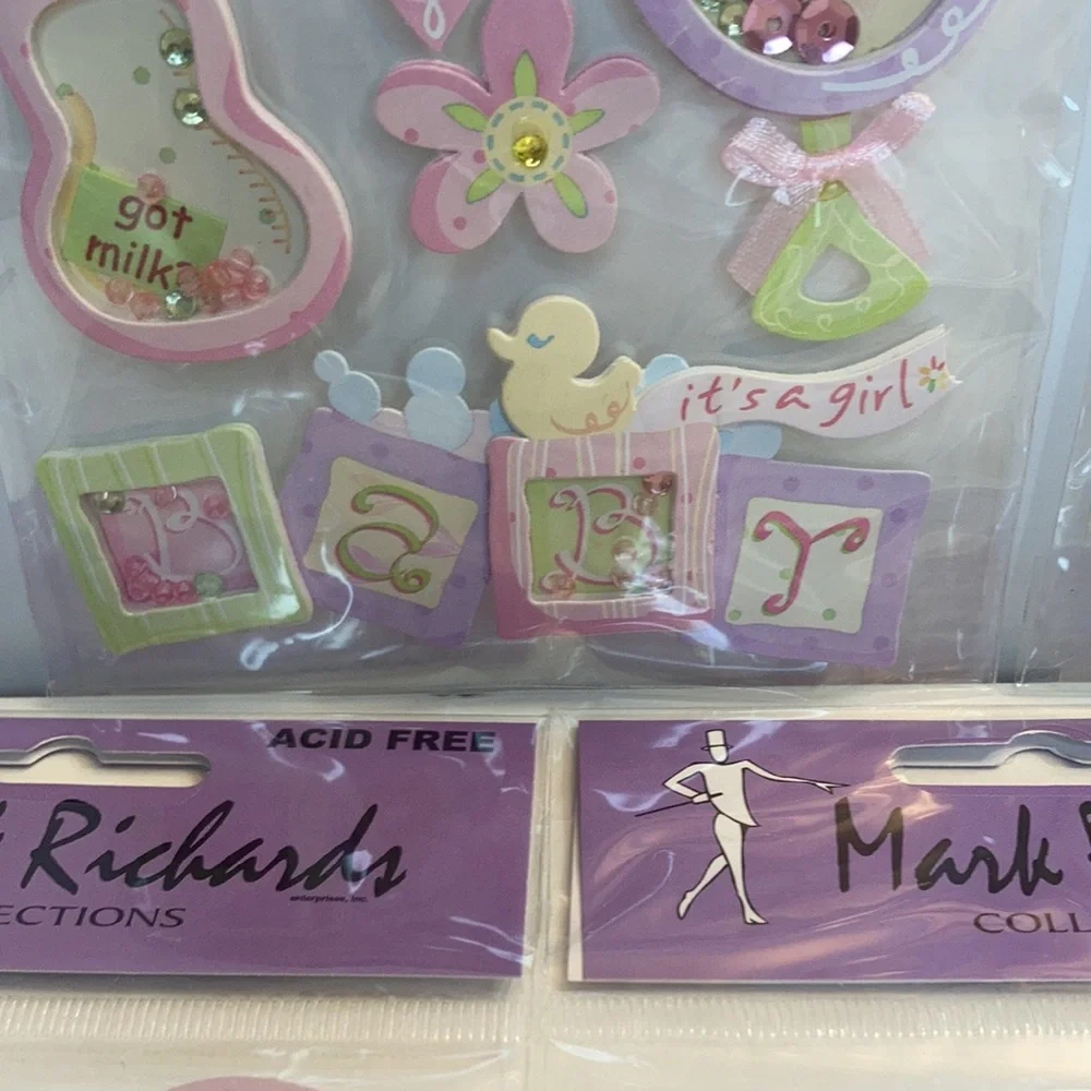 Mark Richards Scrapbook Stickers Card Making Baby Girl Rattle Bottle Paper Craft